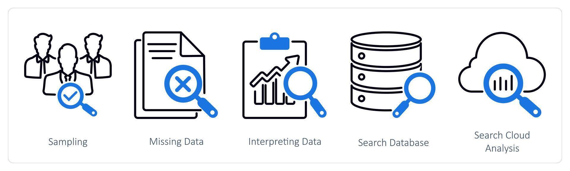 A set of 5 Statistics icons as sampling, missing data, interpreting data vector