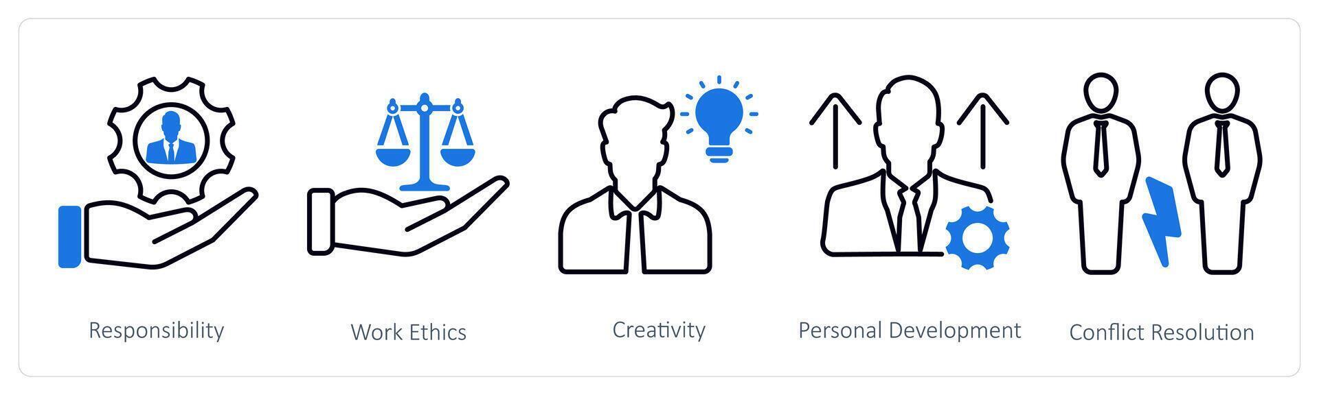 A set of 5 Soft Skills icons as responsibility, work ethics, creativity vector