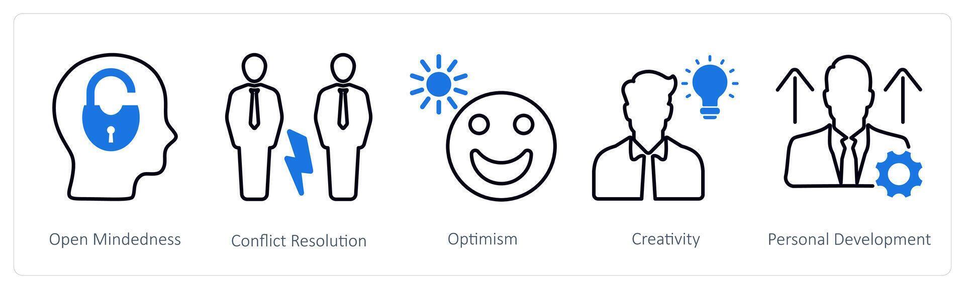 A set of 5 Soft Skills icons as open mindedness, conflict resolution, optimism vector
