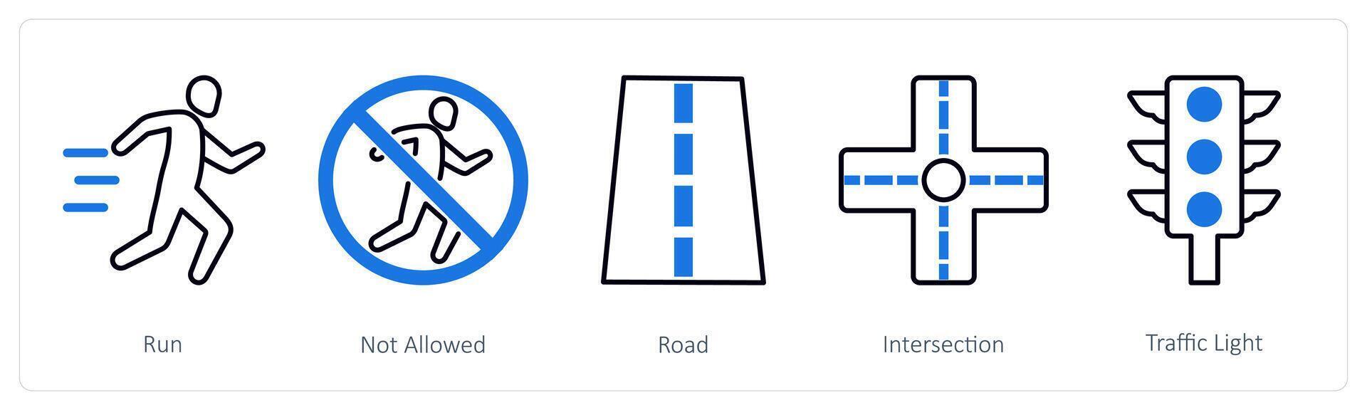 A set of 5 Running icons as run, not allowed, road vector
