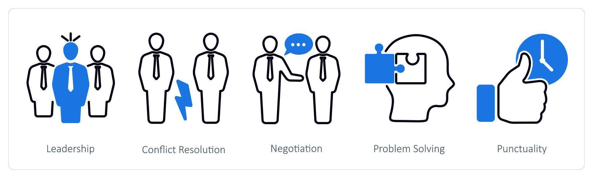 A set of 5 Soft Skills icons as leadership, conflict resolution, negotiation vector