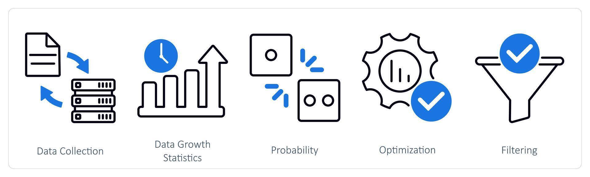 A set of 5 Statistics icons as data collection, data growth statistics, probability vector