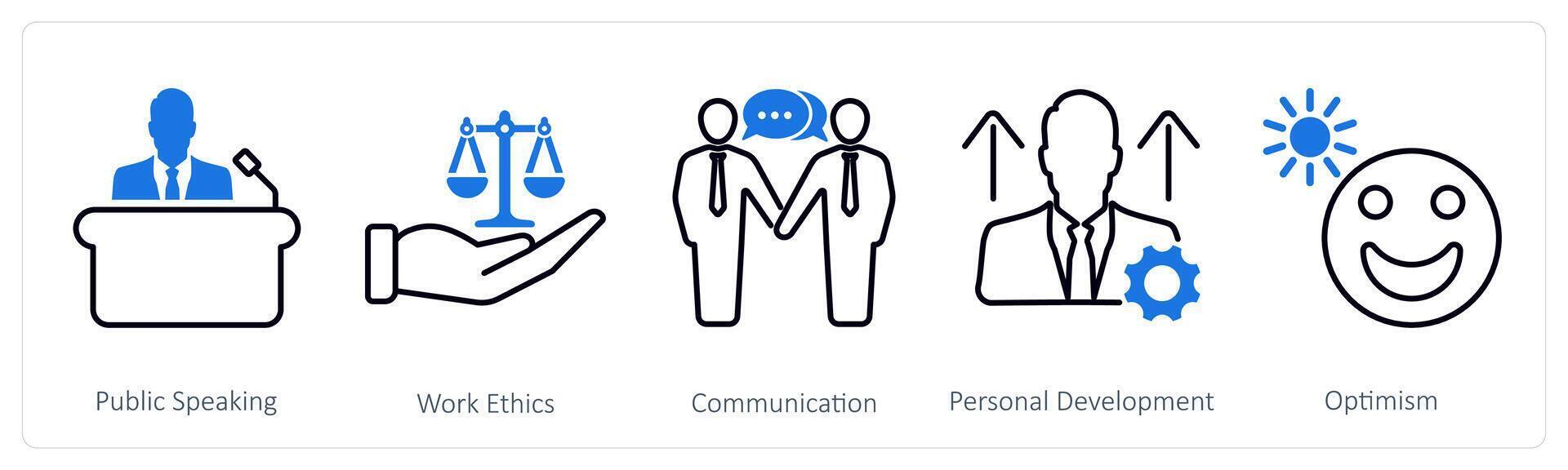 A set of 5 Soft Skills icons as public speaking, work ethics, communication vector