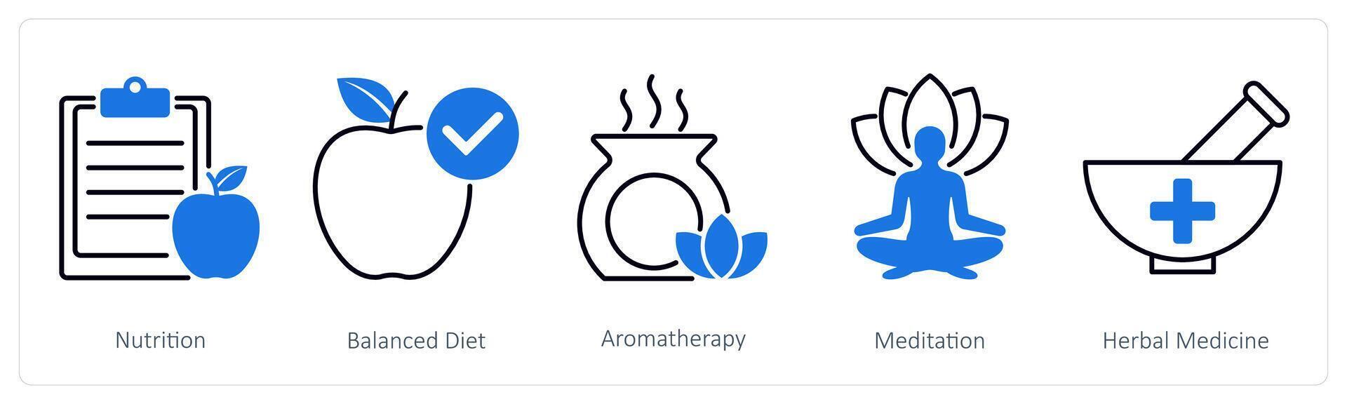A set of 5 Wellness icons as nutrition, balanced diet, aromatherapy vector
