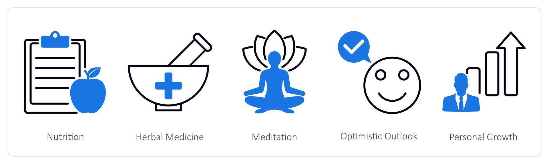 A set of 5 Wellness icons as nutrition, herbal medicine, medidation vector