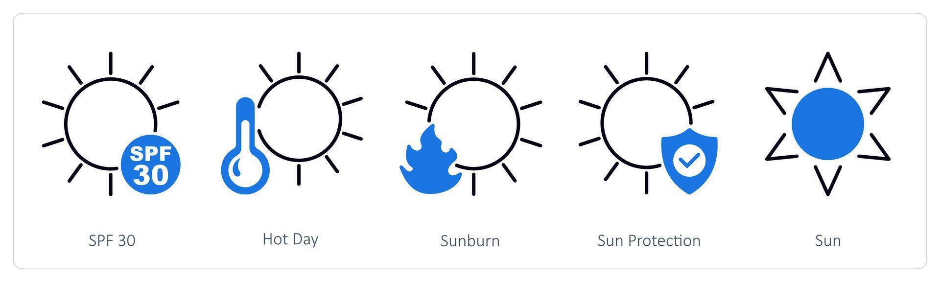A set of 5 Sun Protection icons as spf 30, hot day, sunburn vector