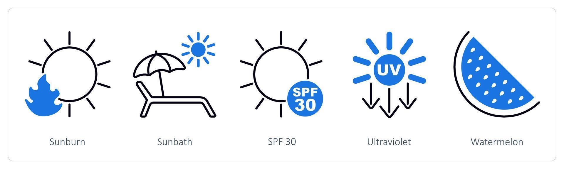A set of 5 Sun Protection icons as sunburn, sunbath, spf 30 vector