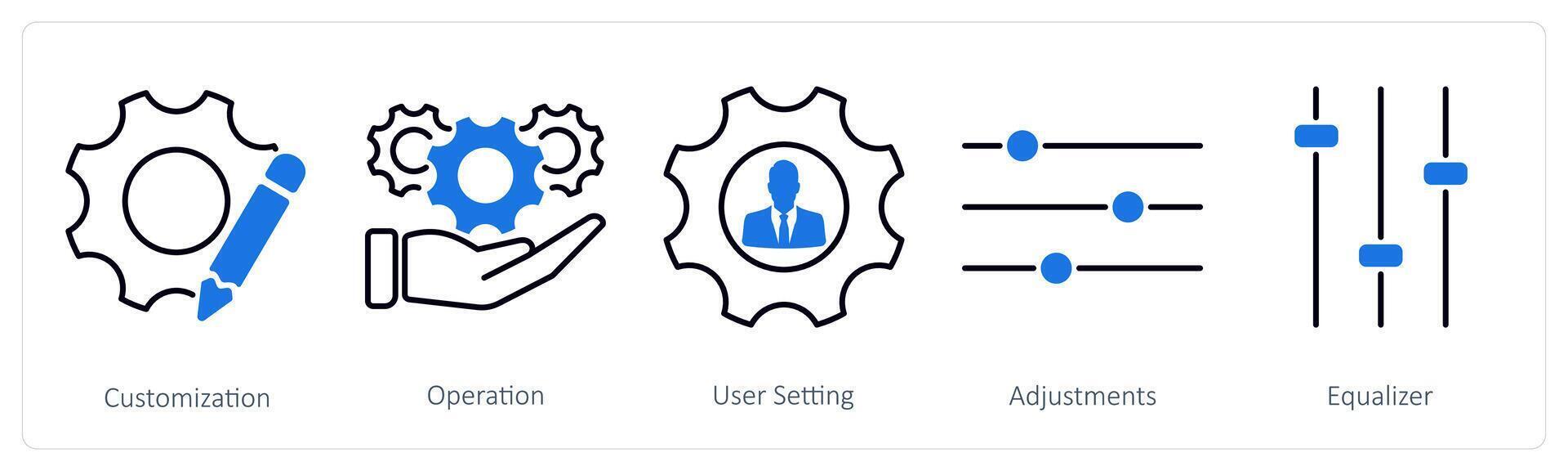 A set of 5 Settings icons as customization, operation, user setting vector