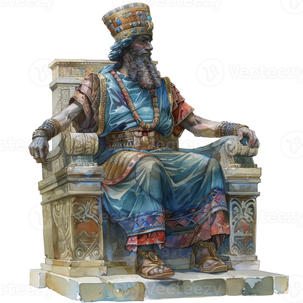 Ancient Mesopotamian King on Throne in Traditional Garments png