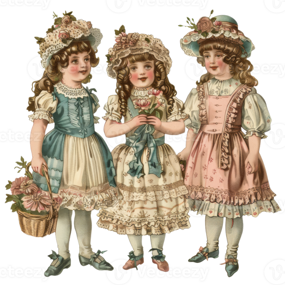 Group of Girls in Vintage Dresses Holding Flowers png
