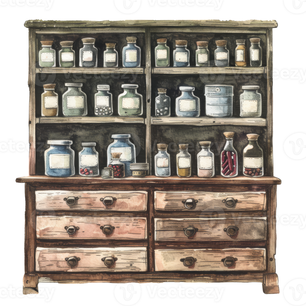 Rustic Wooden Apothecary Cabinet with Assorted Glass Jars and Bottles png