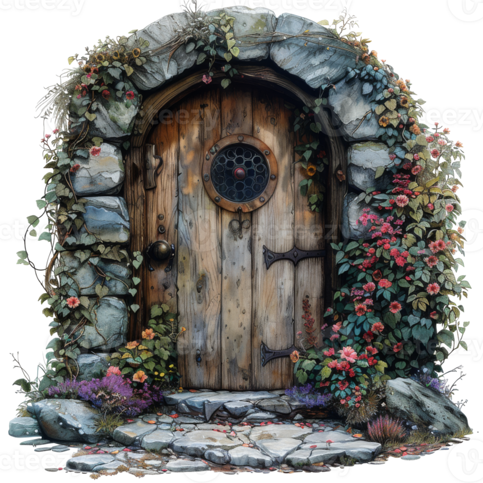 Rustic Wooden Door with Stone Archway and Flowers png