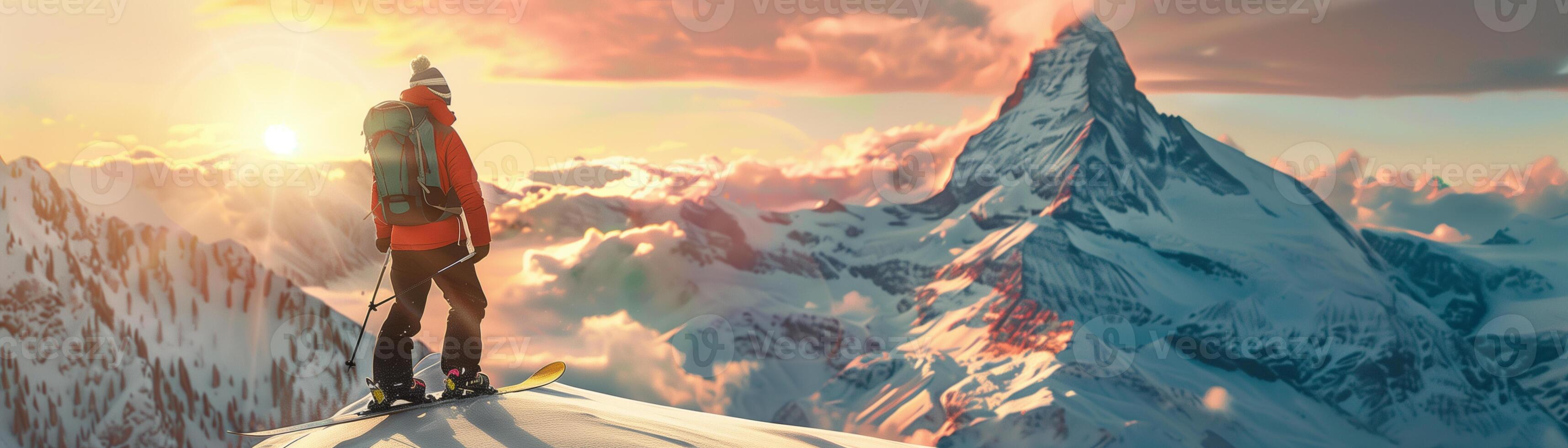 alpine snowboarding, panoramic mountain views, golden hour, stunning banner design background, copy space photo