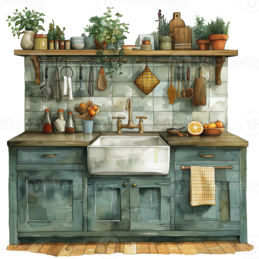 Rustic Kitchen with Wooden Cabinets and Potted Plants png