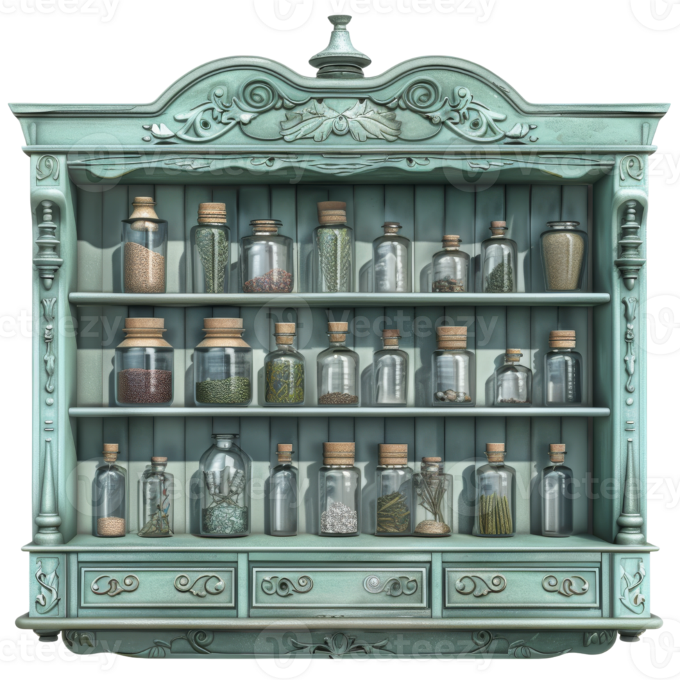 Vintage Blue Apothecary Cabinet with Glass Jars and Bottles png