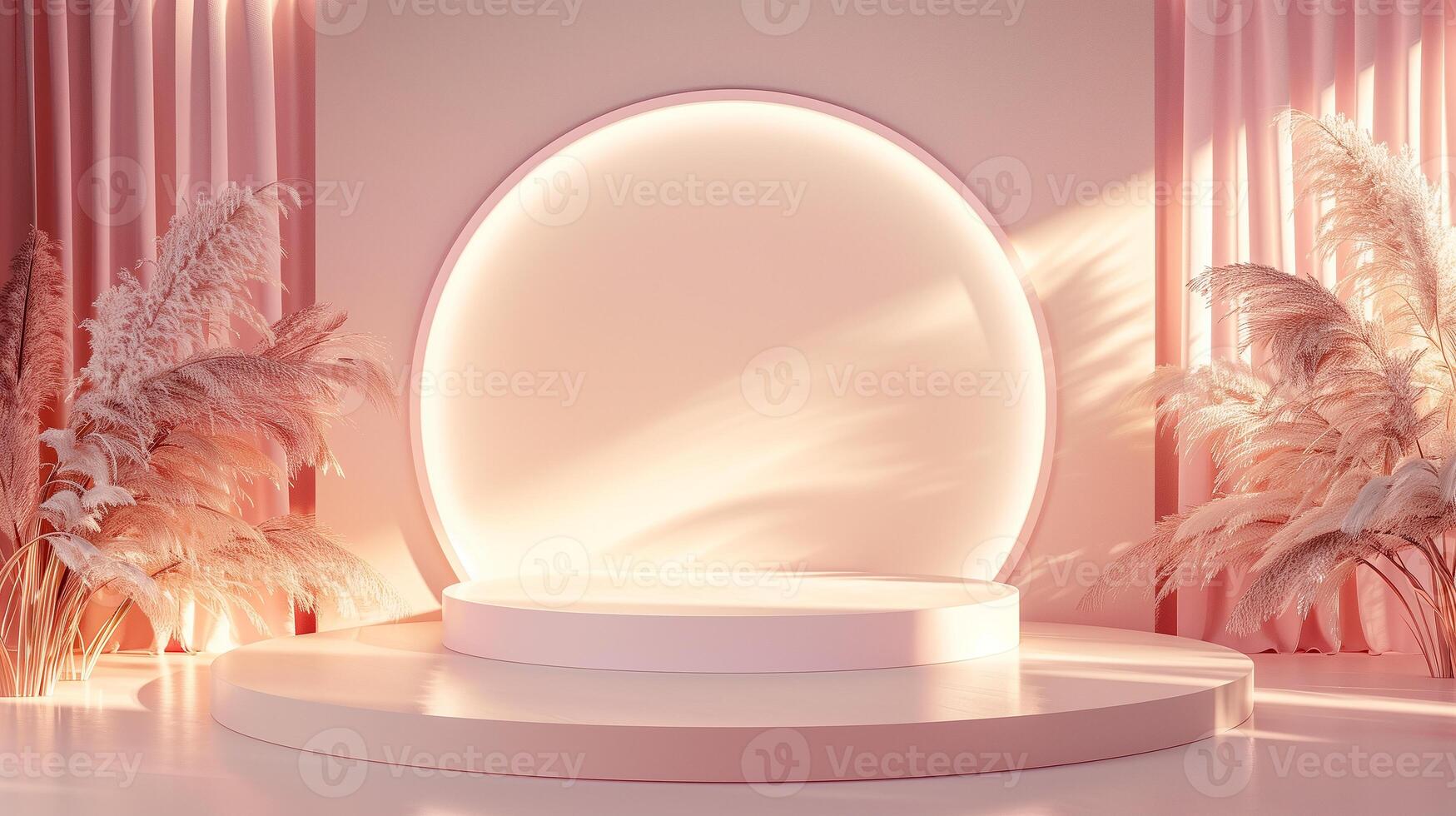A modern minimalist display featuring a soft, glowing circular light with elegant pampas grass accents in a tranquil, pastel-toned setting photo