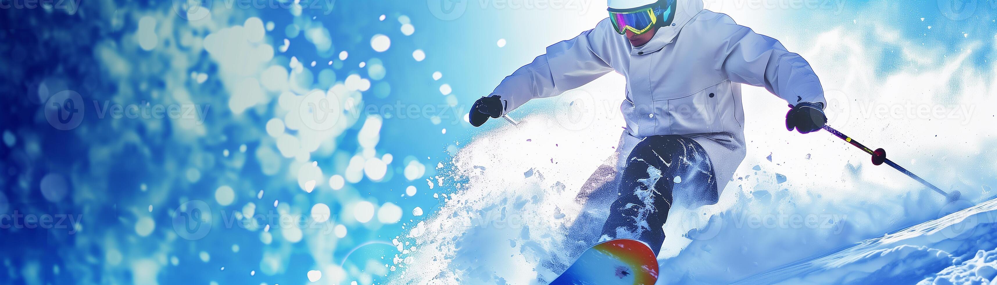 snowboarder carving, action close-up, snow spray, vibrant banner background, ample copy space photo