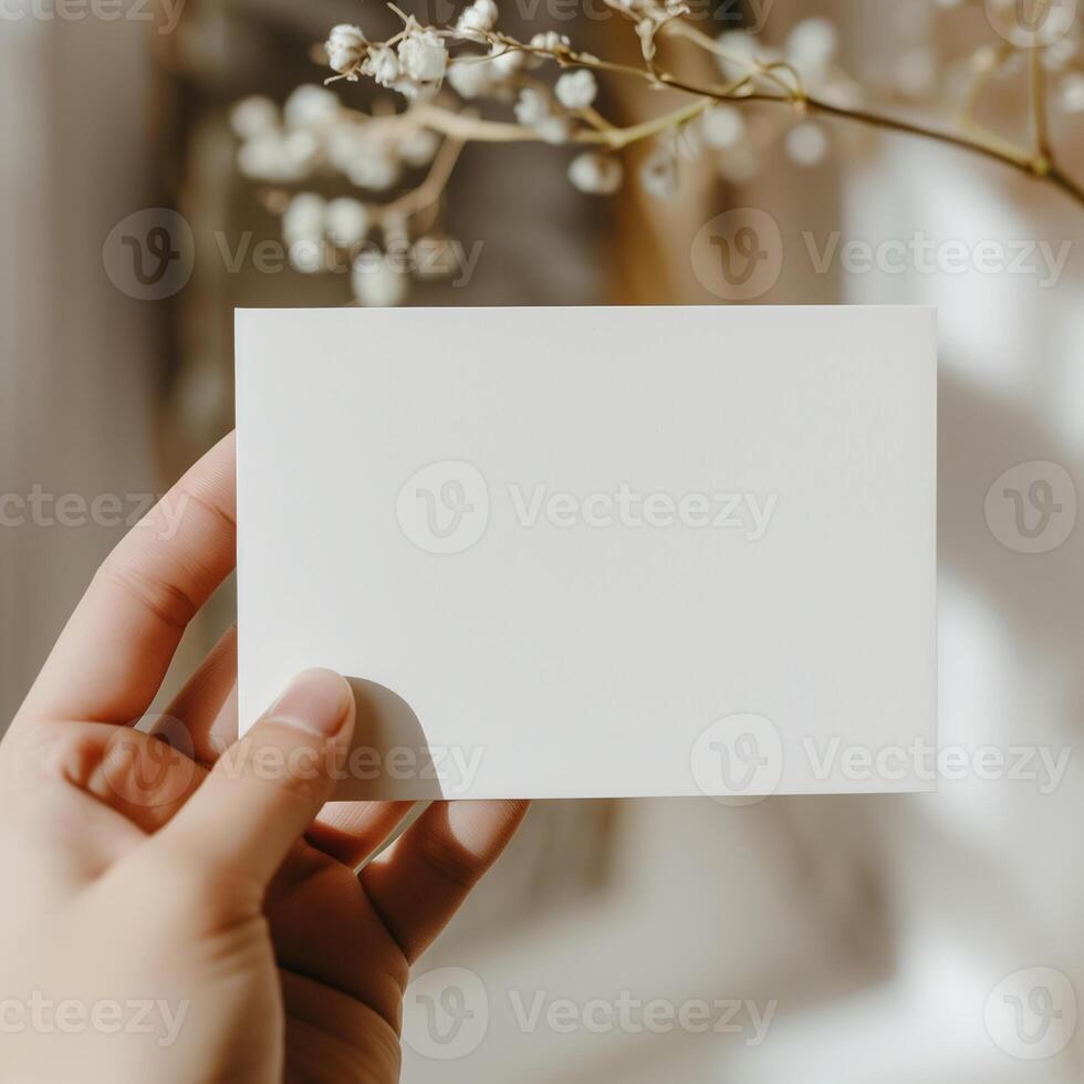 Minimalistic mockup of blank paper card holden by hand with blurred flowers in the background. photo
