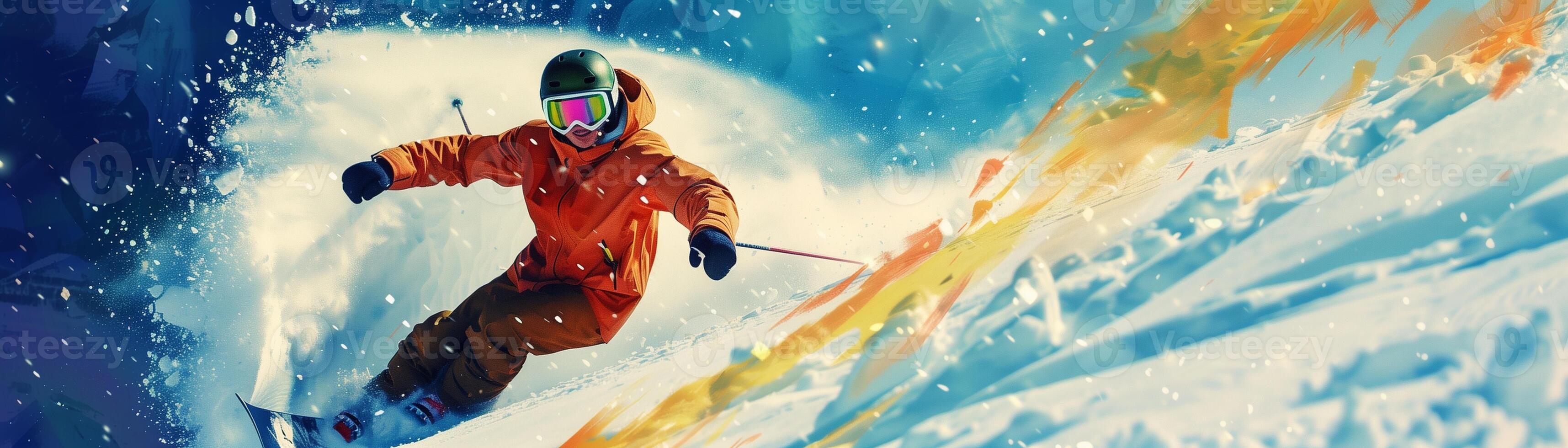 snowboarder carving, action close-up, snow spray, vibrant banner background, ample copy space photo