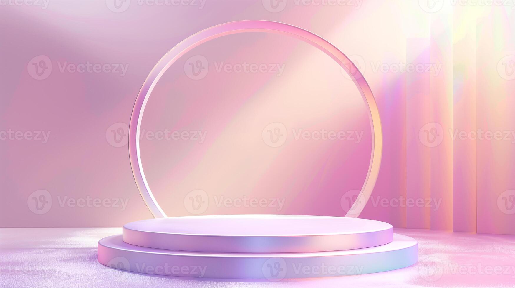 3D rendering of a pink and white podium with a circular frame against a gradient background. photo