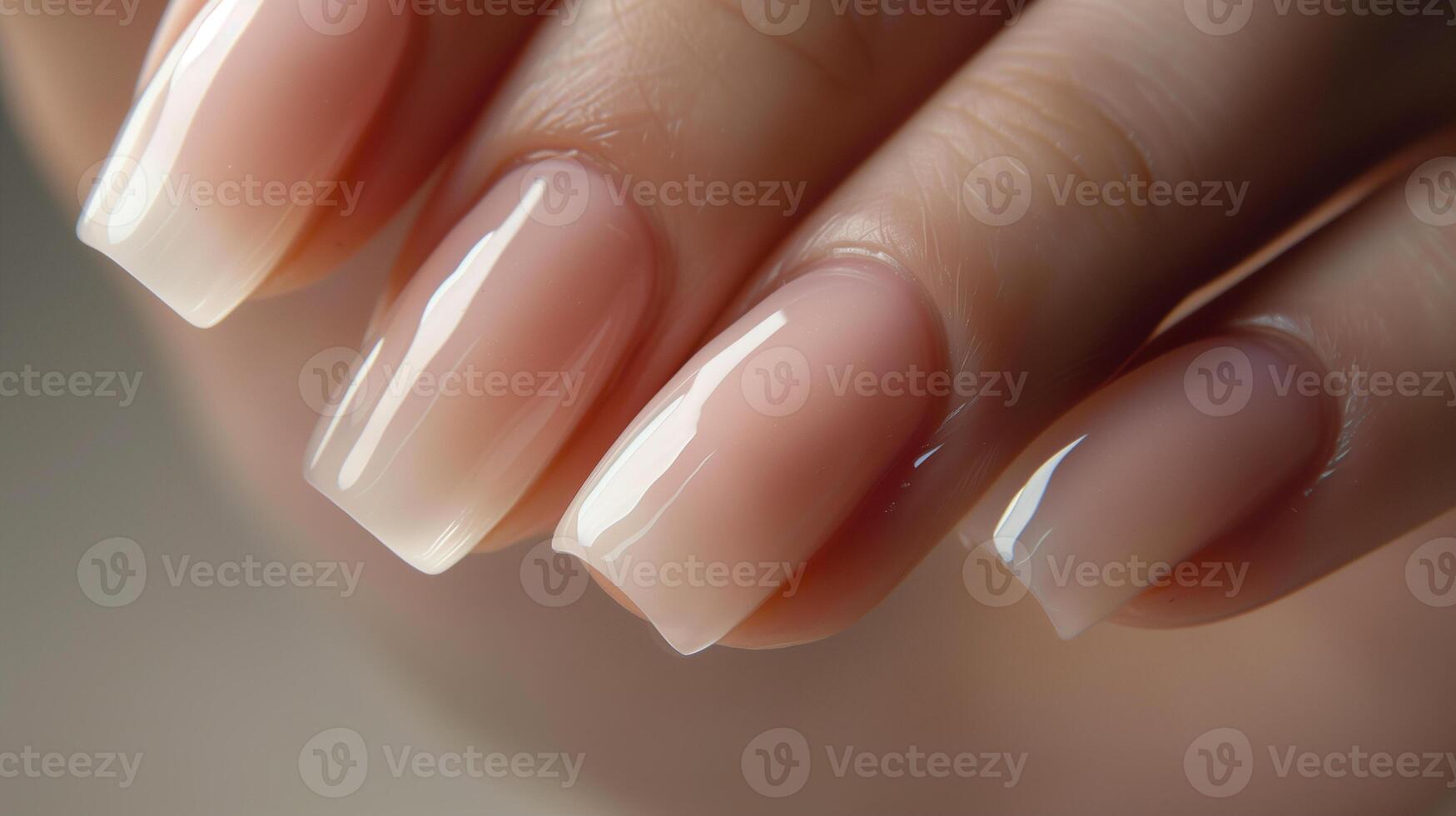Natural looking nails with a glossy finish. The nails are a medium length and have a square shape. The cuticles are trimmed and the nails are well-manicured. photo