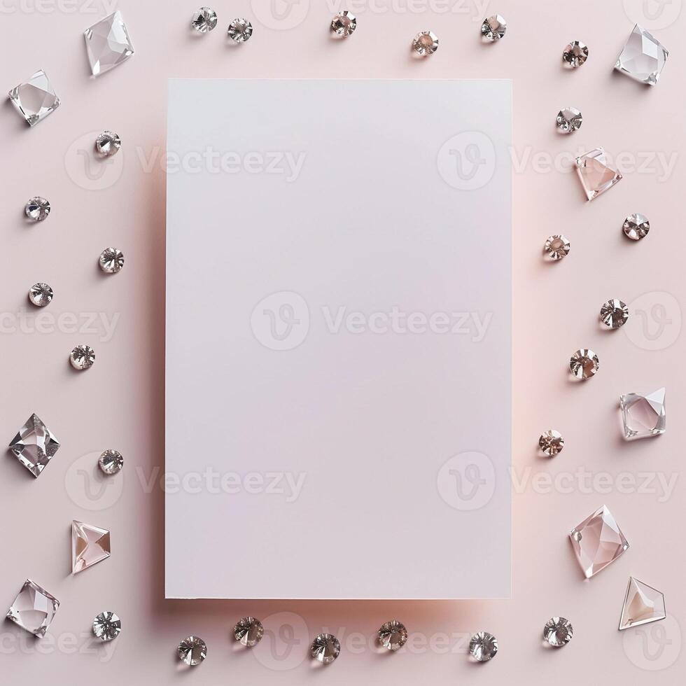 Blank paper on a pink background with crystals. photo