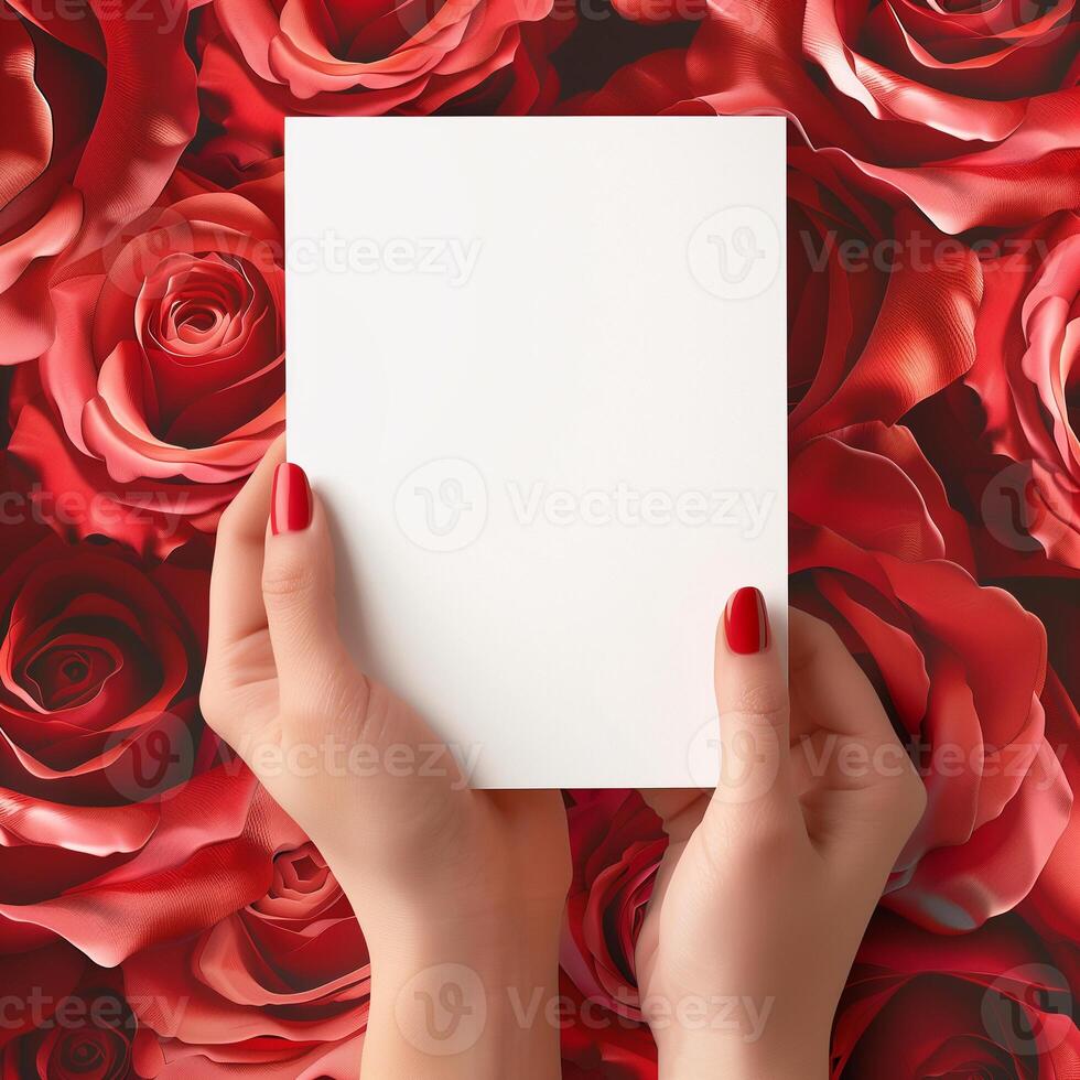A woman's hands holding a blank card with red roses in the background. photo