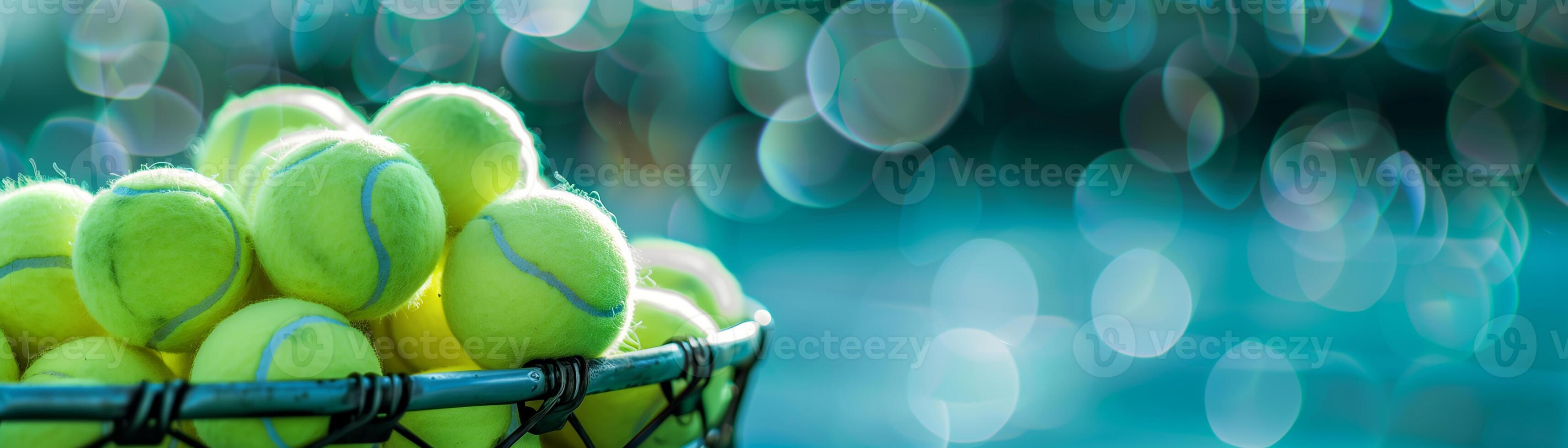 Abstract view of tennis balls in a basket, focus on the foreground with a bokeh background of the court, copy space on the top photo