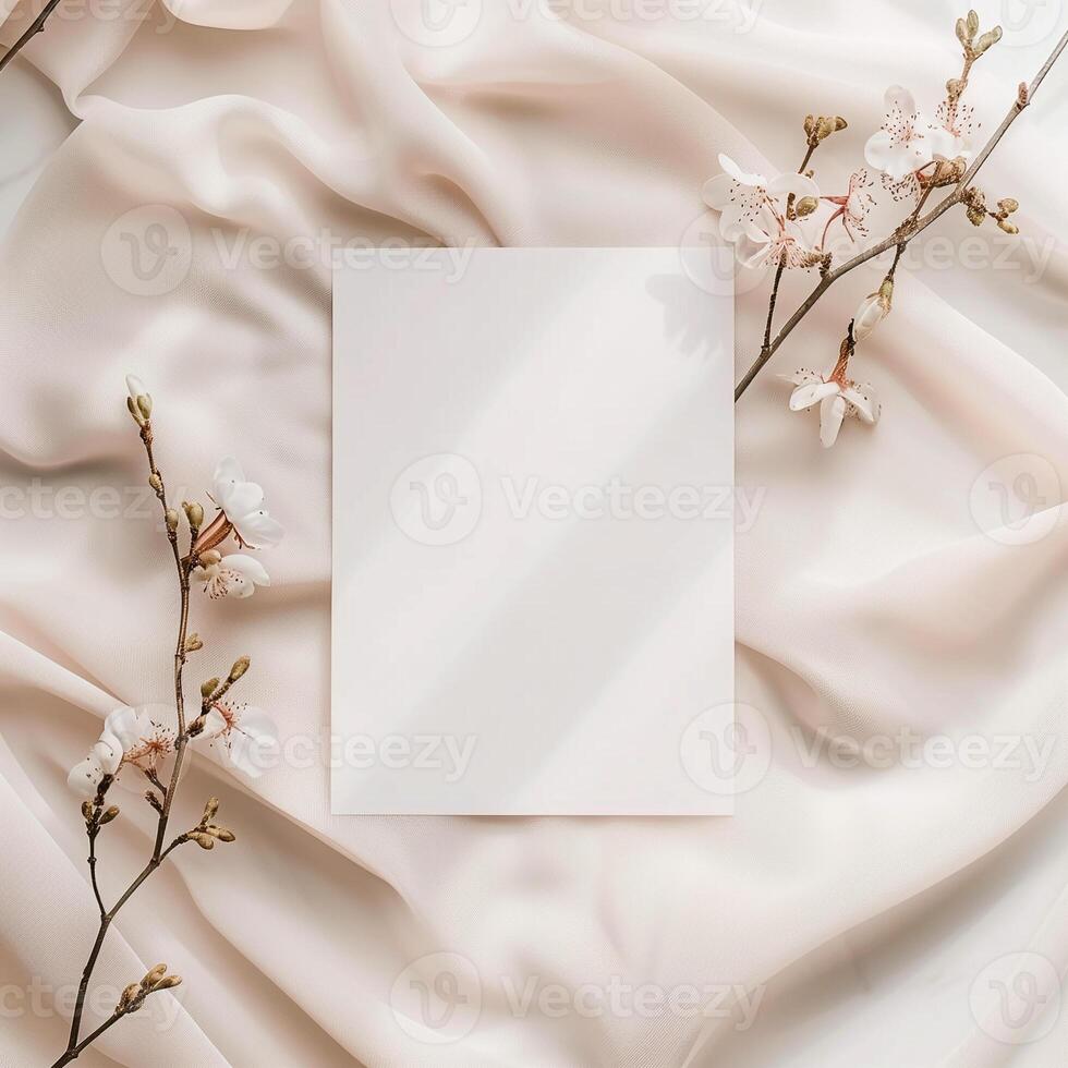 Blank paper card mockup with sakura flowers on beige silk fabric background. photo