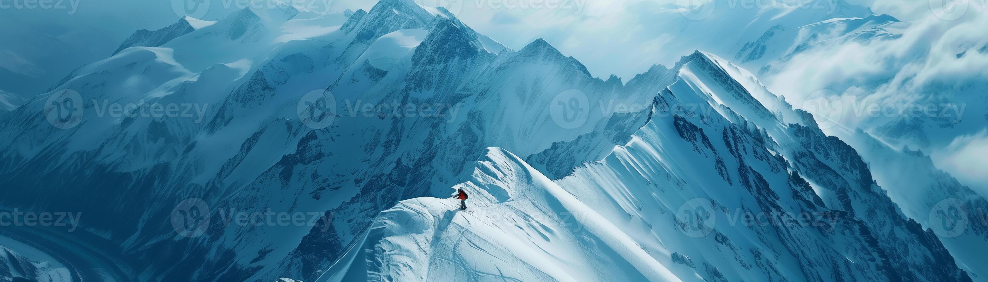 snowboarding action shot, extreme sports, aerial view, mountain peaks, vibrant colors, ideal for banner with copy space photo