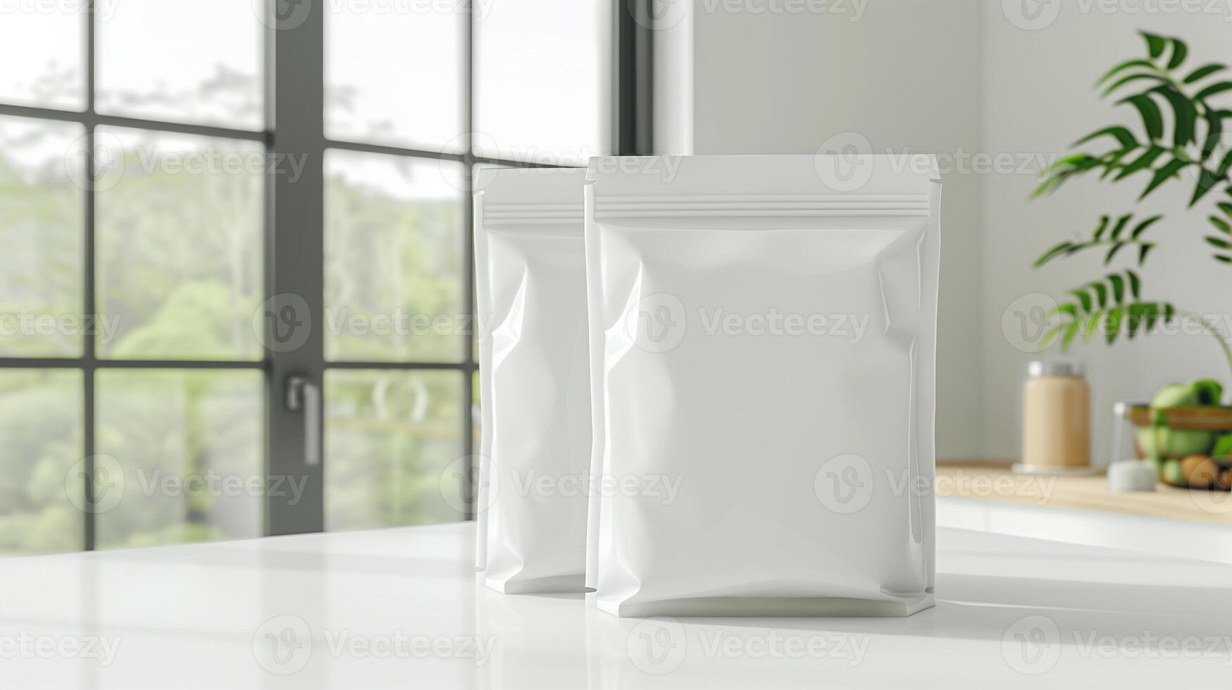 Two white blank food packages on the white table near the window. photo