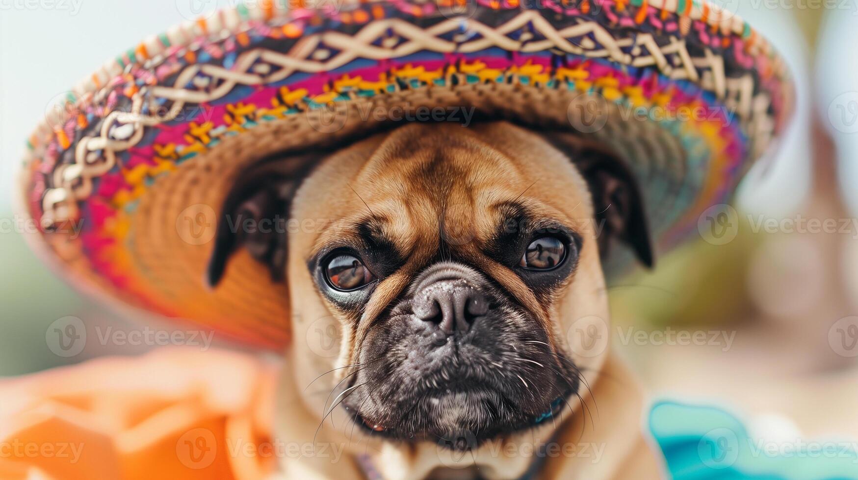 A dog wearing a sombrero that's too big, causing it to trip over its own feet photo
