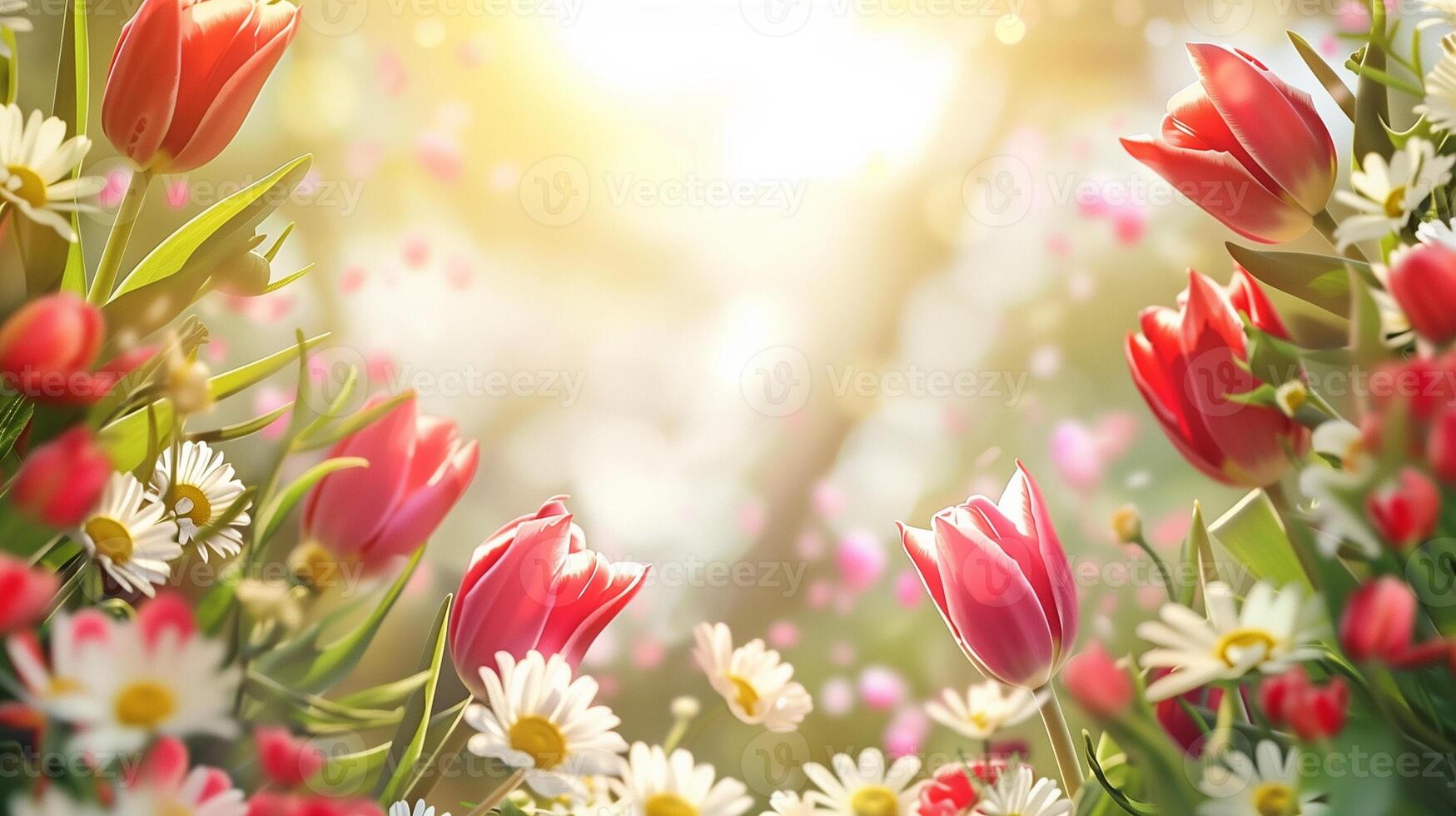 Artistic frame of tulips and daisies, space for message at center, high contrast, soft focus, photo