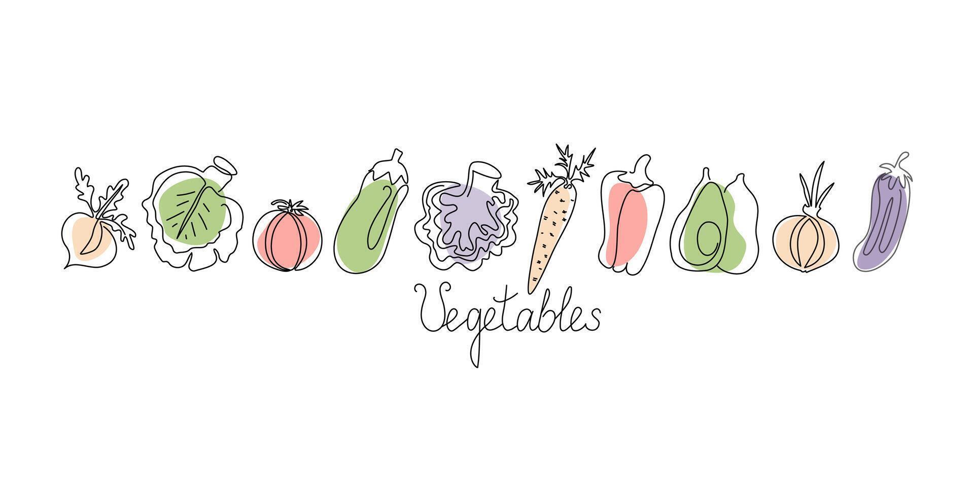 Set of vegetables, line art. Drawn icons, vitamin food. Natural vegetarian food. Healthy eating. Hand drawn text. vector