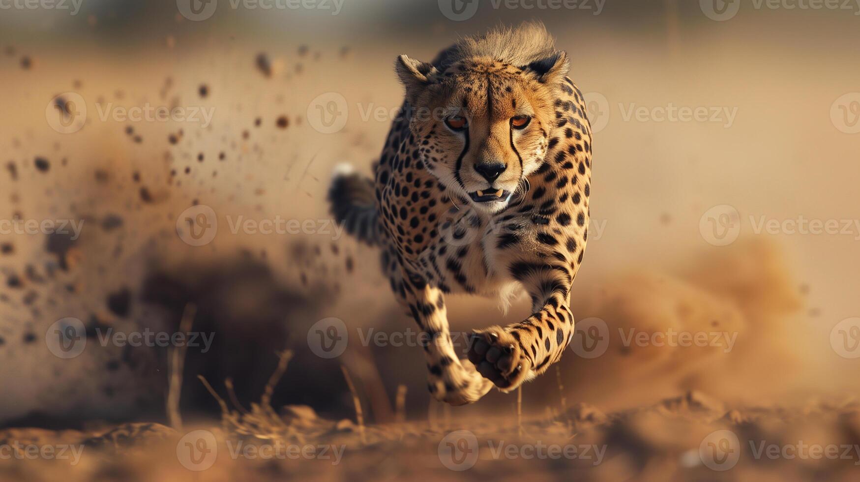 A close-up of a cheetah sprinting across the African savanna, showcasing its incredible speed photo