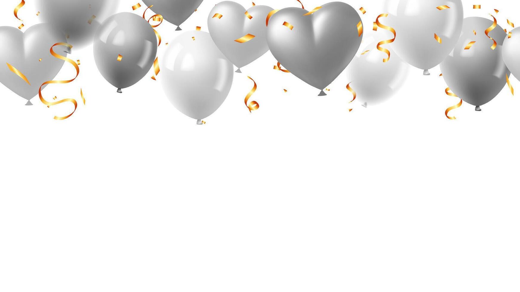 Banner with silver heart balloon and gold confetti for promotion, anniversary, holiday party vector