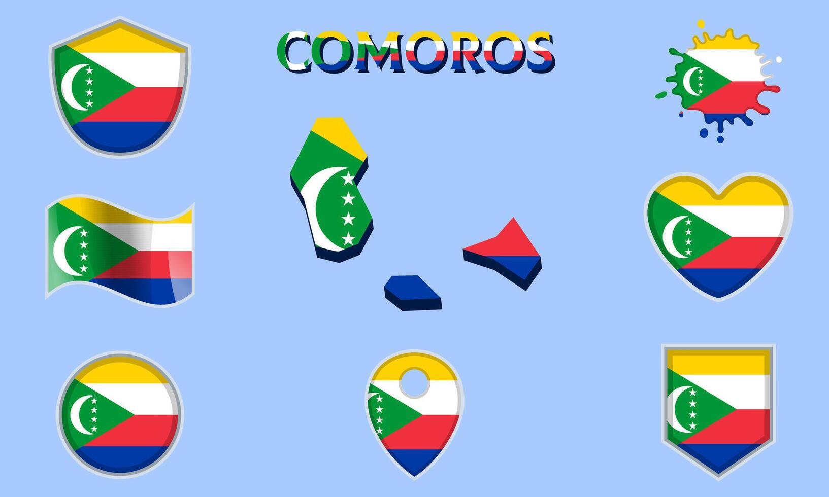 Collection of flat national flags of Comoros with map vector