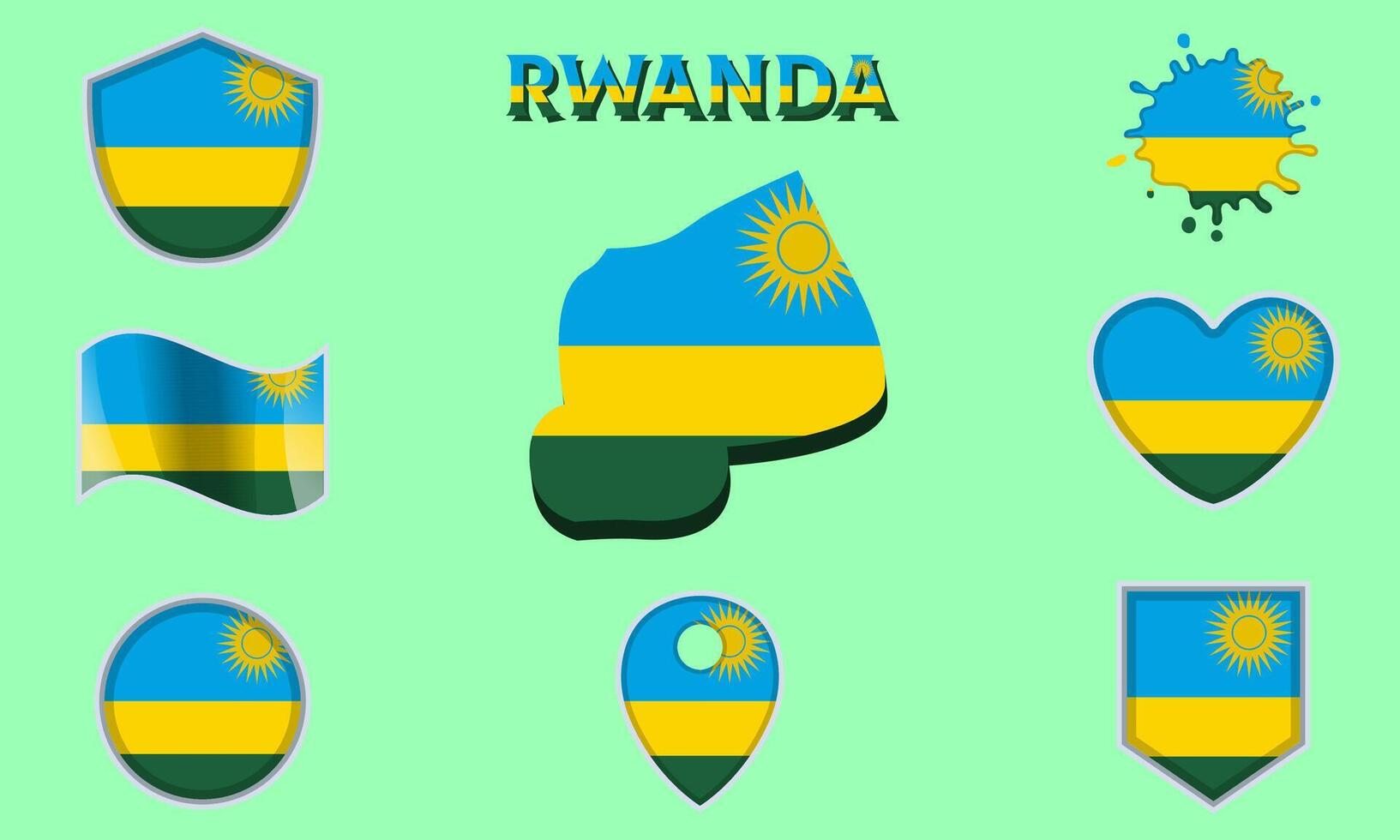 Collection of flat national flags of Rwanda with map vector