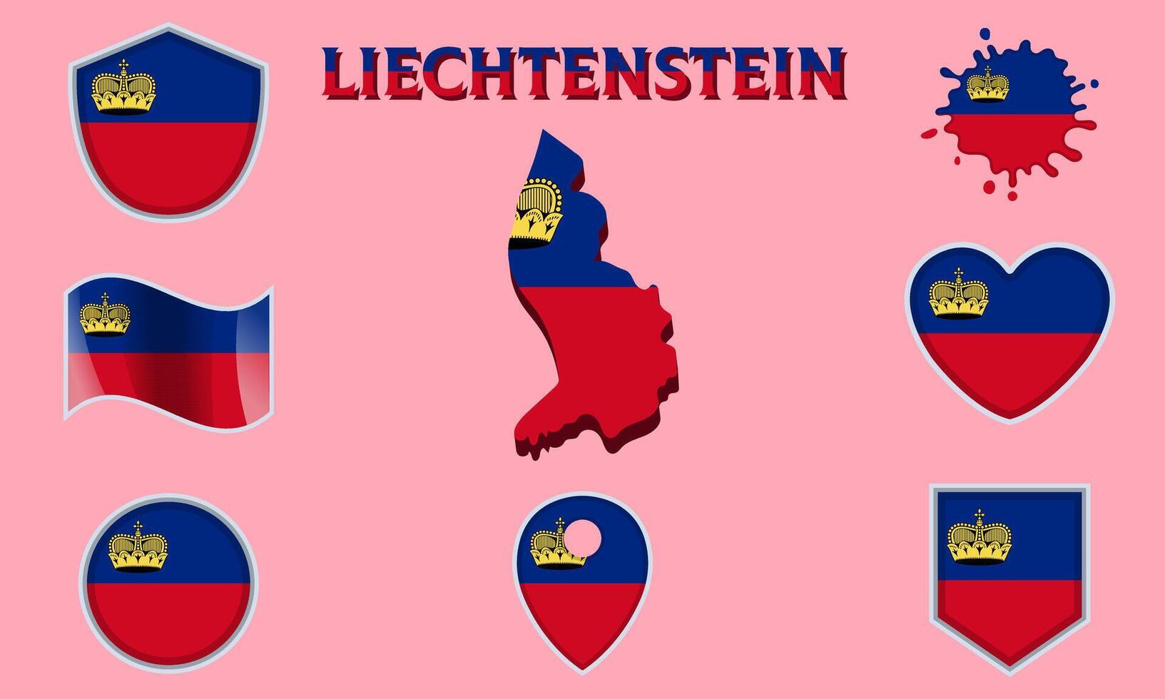 Collection of flat national flags of Liechtenstein with map vector