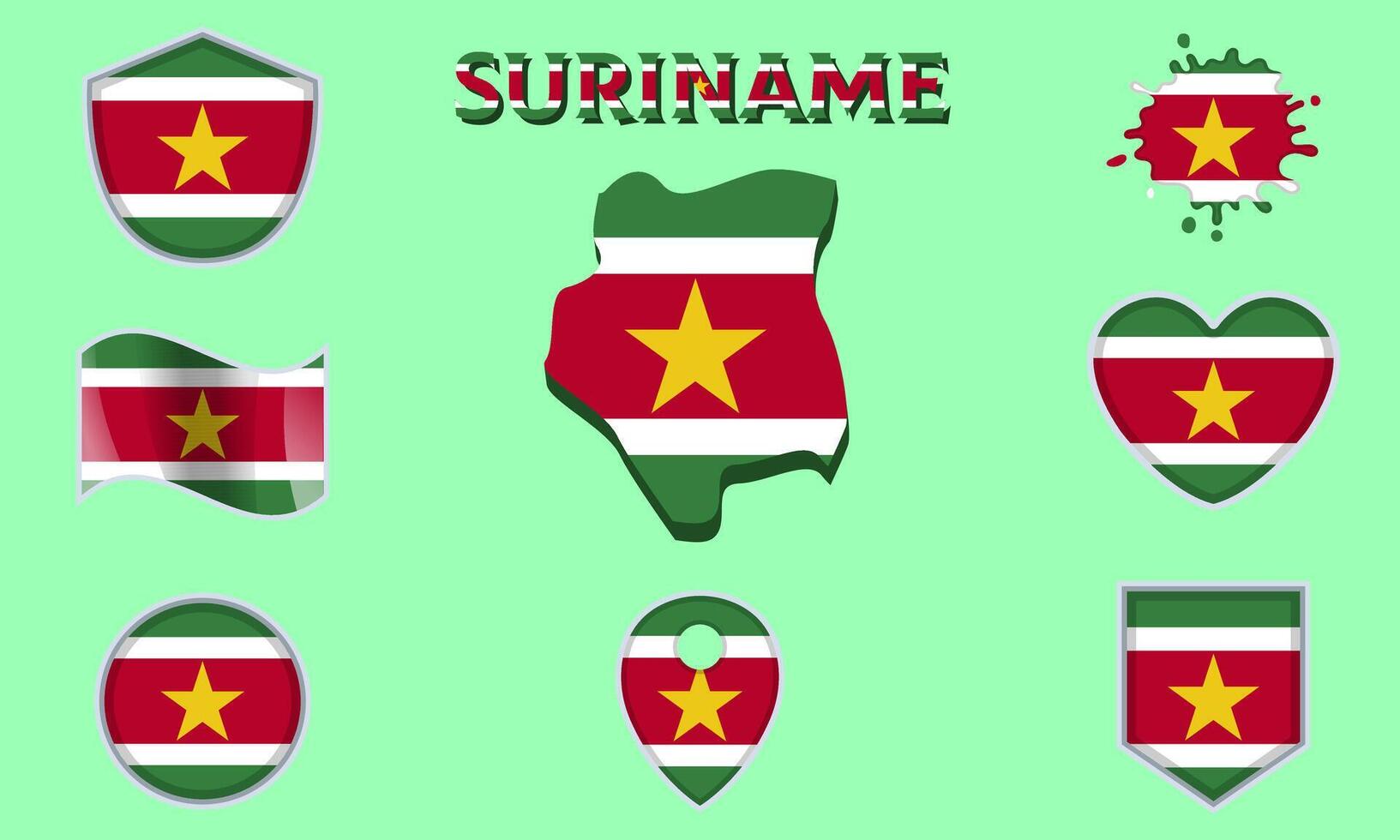 Collection of flat national flags of Suriname with map vector