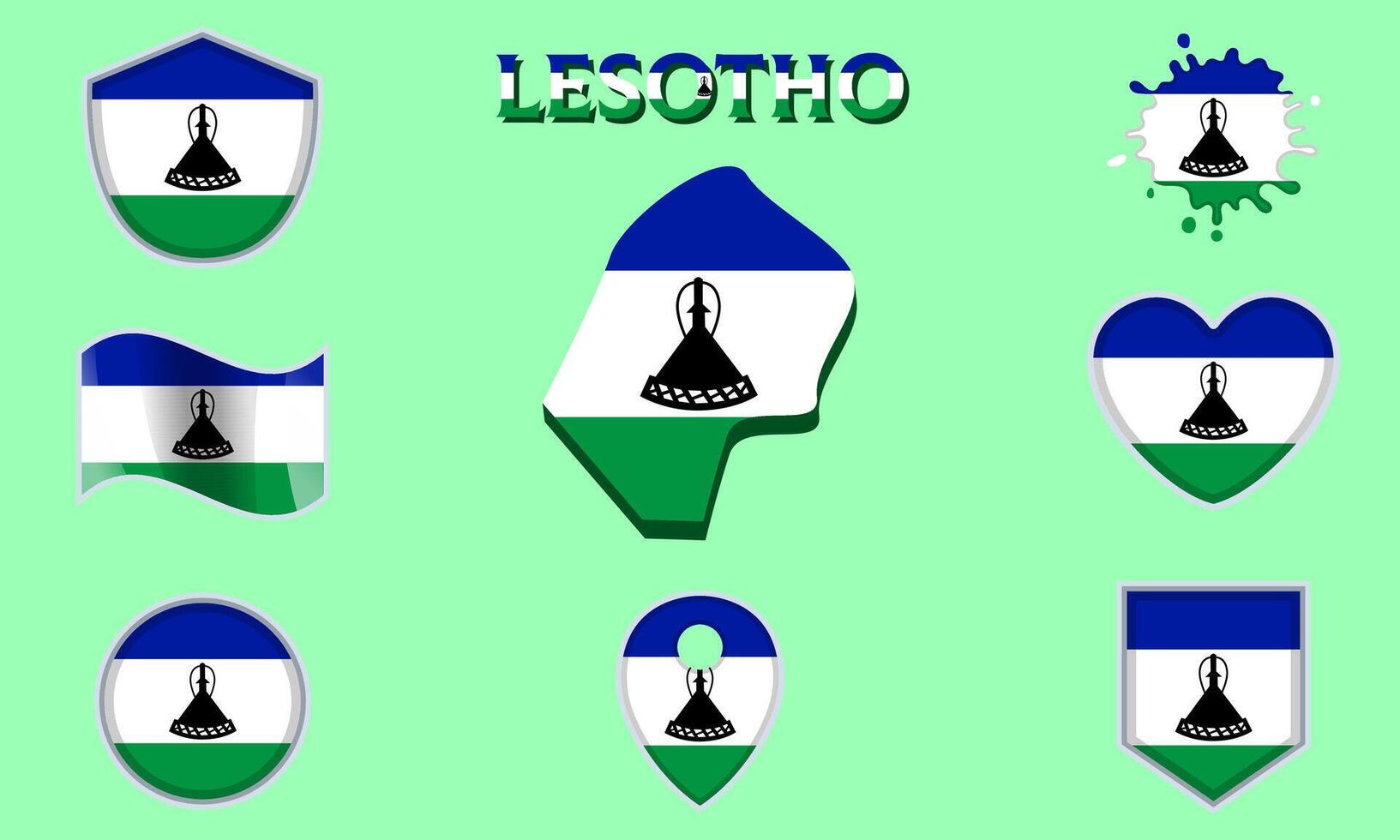 Collection of flat national flags of Lesotho with map vector