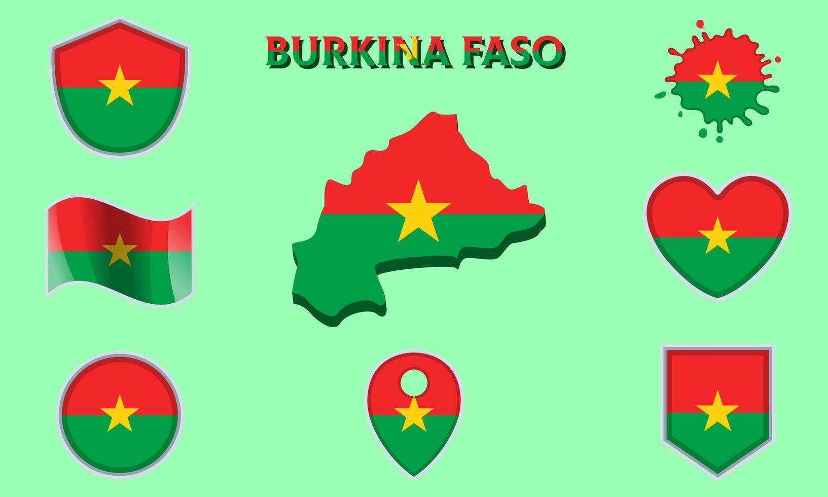 Collection of flat national flags of Burkina Faso with map vector