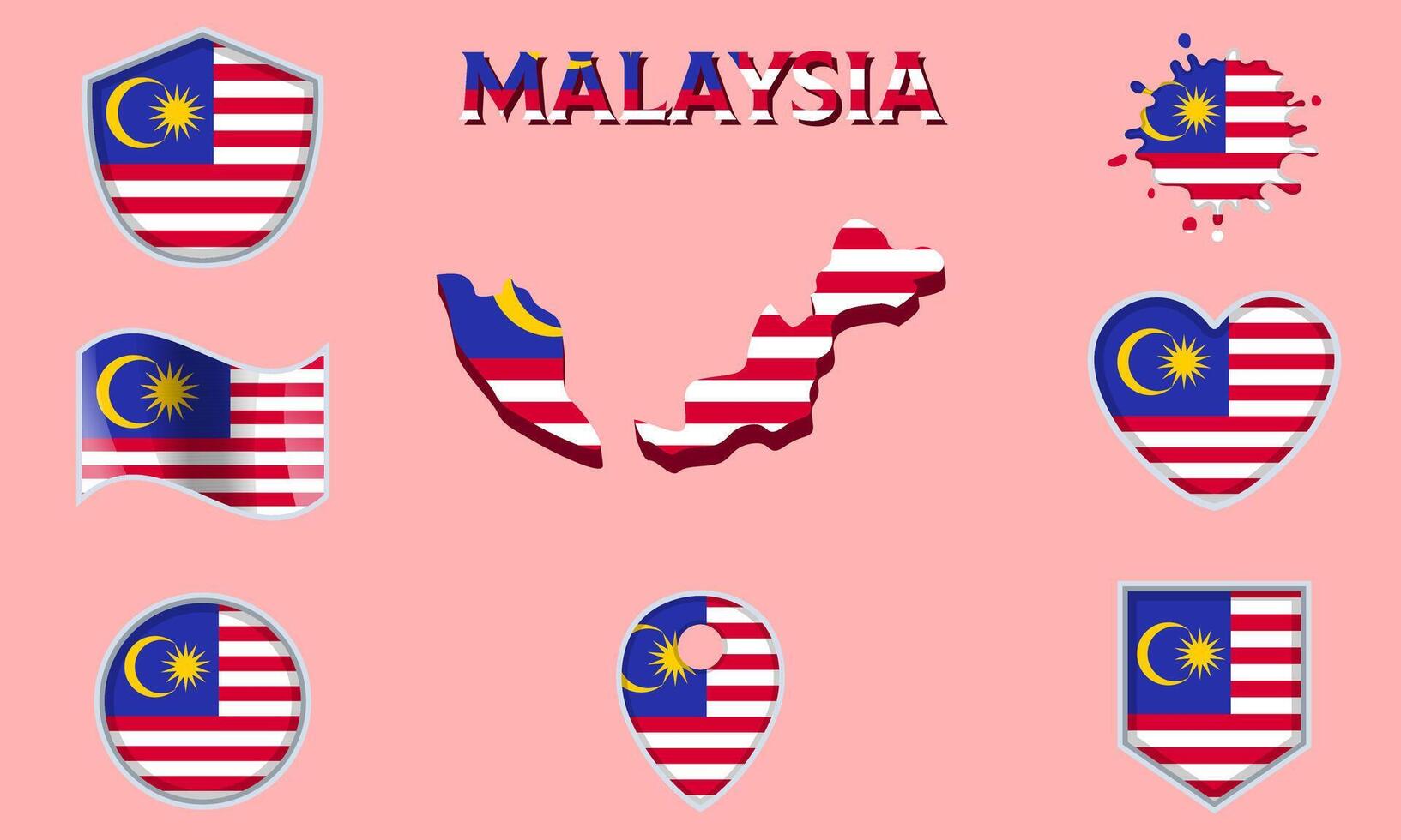Collection of flat national flags of Malaysia with map vector