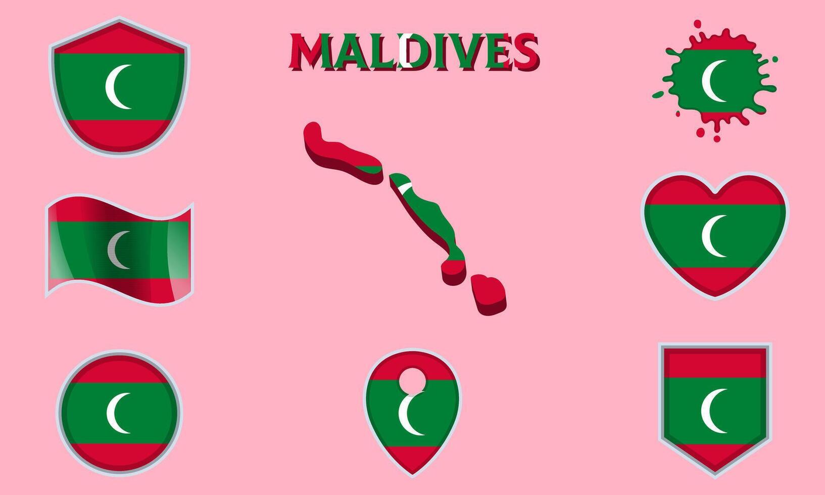 Collection of flat national flags of Maldives with map vector