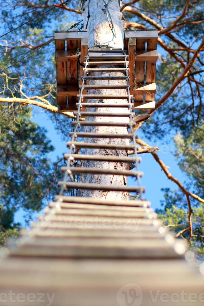 Obstacle course for training against the blue sky in the rope park photo