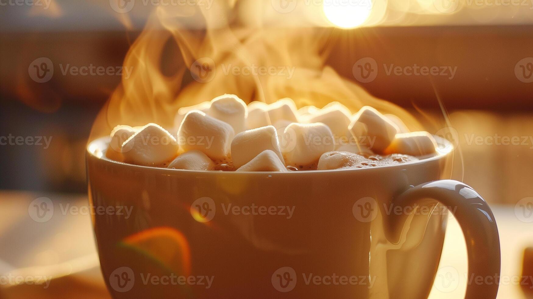 A close-up of a steaming mug of hot cocoa with marshmallows, perfect for a cold winter day photo