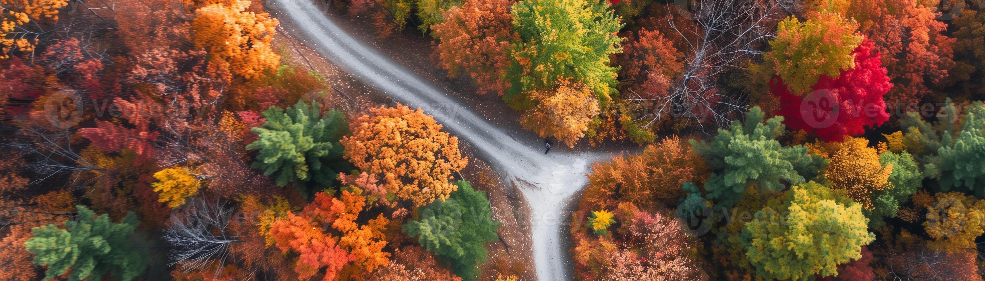 aerial view of winding hiking path, vibrant fall colors, captivating banner background with ample copy space photo