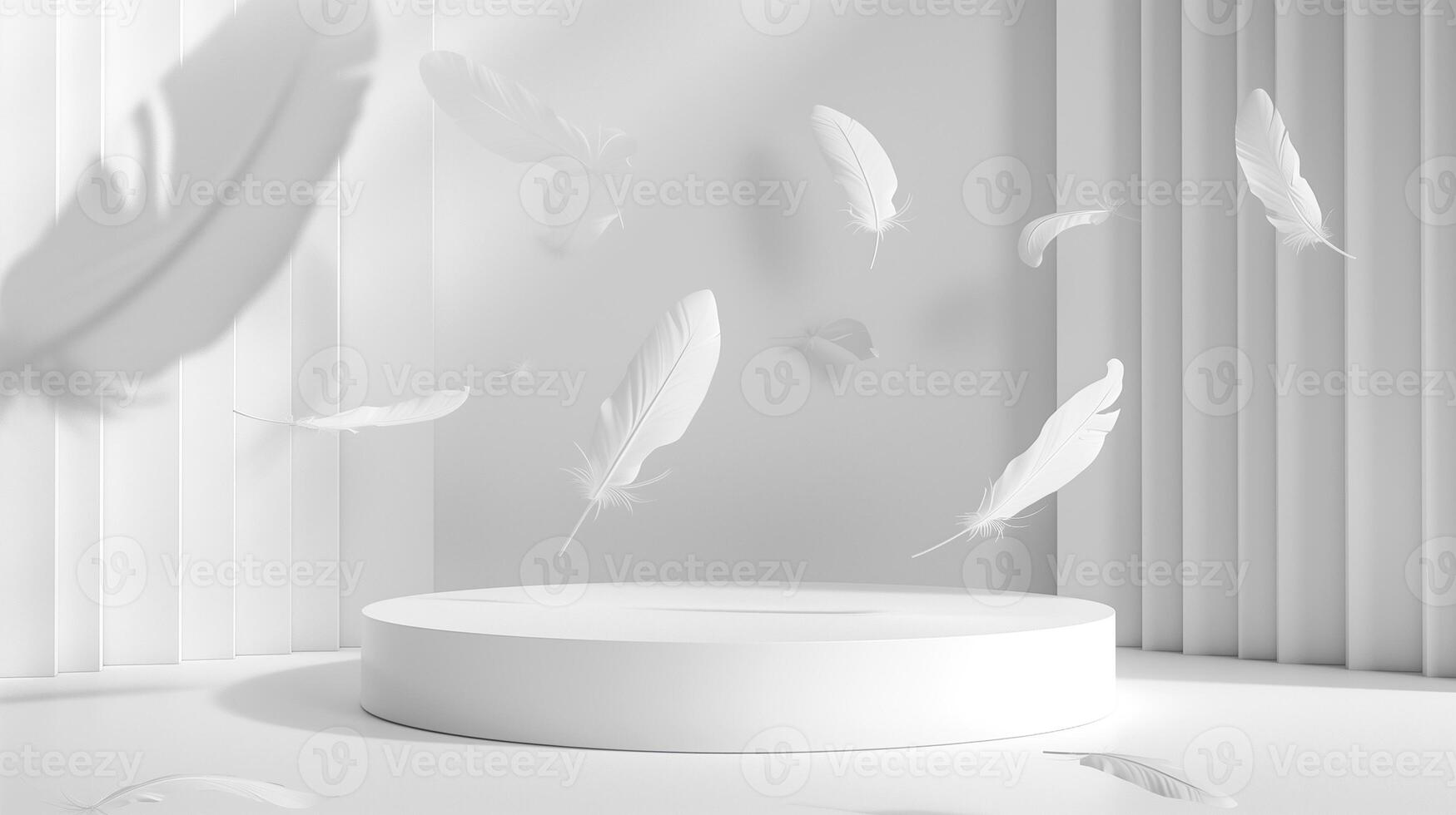 Pure white podium with soft feather accents falling, for luxurious beauty product presentation, 3D, creative, perfect light, photo