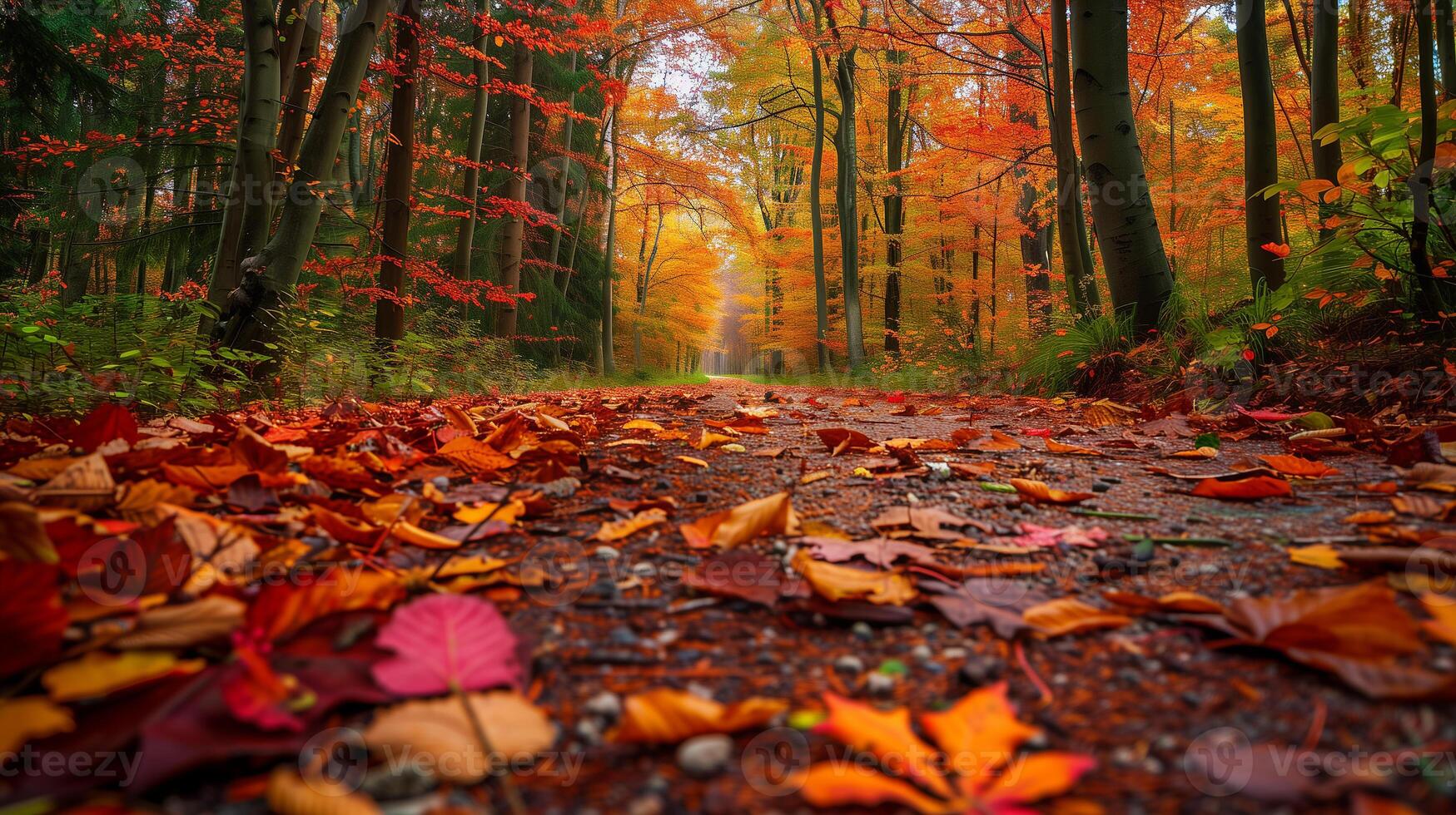 A vibrant forest path covered in fallen leaves in shades of red, orange, and yellow photo