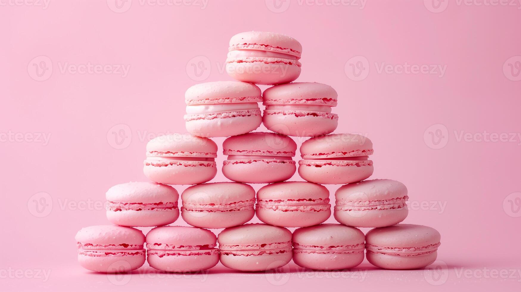 A pyramid of pink macarons against a pink background. photo